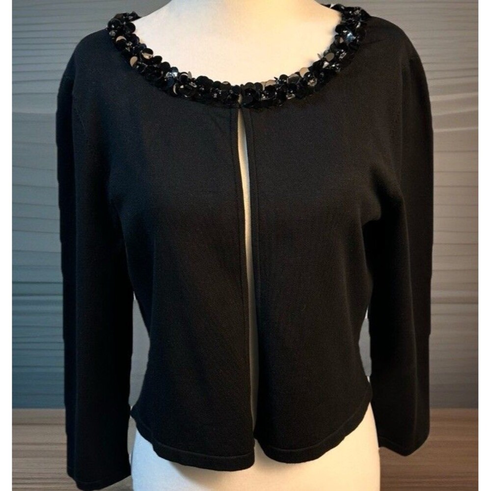 Adrianna Papell Black Silk Bolero with Beaded Neckline Y2K Vintage Size 8 *FLAW*